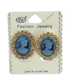 Women’s Vintage Style Oval Lady Blue Cameo Rhinestone Embellished Stud Earrings